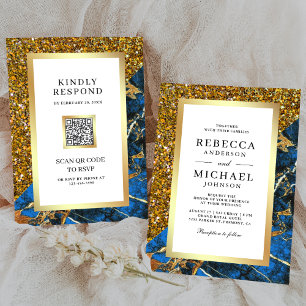 Invitación Boda blanco del código QR de oro Royal Blue Marble