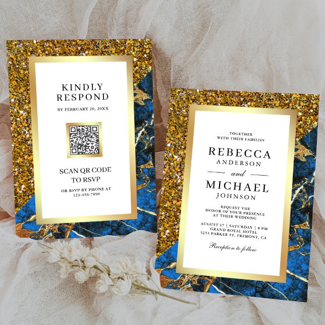 Invitación Boda blanco del código QR de oro Royal Blue Marble (Subido por el creador)