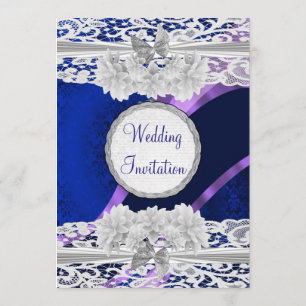 Invitación Boda blanco del cordón del vintage de los azules