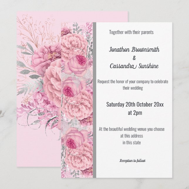 Invitación Boda BLANCO DEL GUARNECIDO DE PLATA DE ROSA FLORAL (Anverso / Reverso)