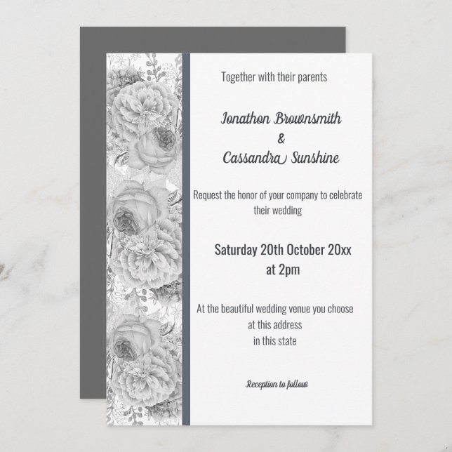 Invitación Boda BLANCO DEL GUARNECIDO DE PLATA DE ROSA FLORAL (Anverso / Reverso)