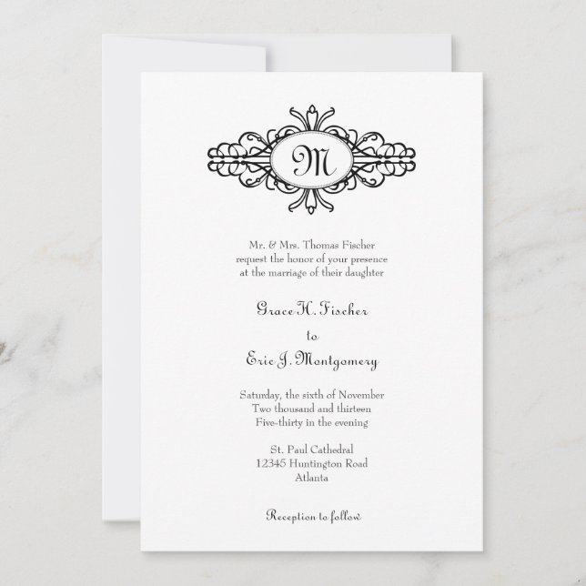 Invitación Boda blanco del marco del solo negro barroco del (Anverso)