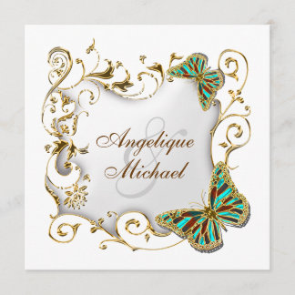 Invitación Boda blanco del país del oro de la aguamarina