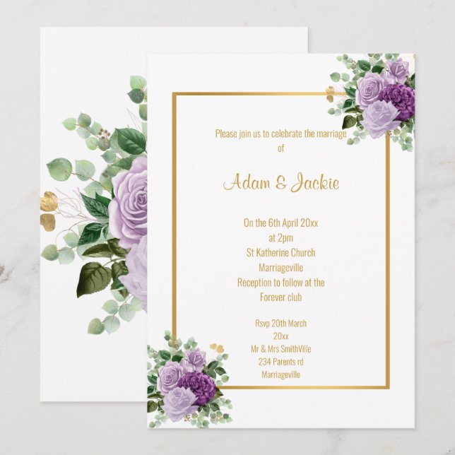 INVITACIÓN BODA BLANCO DEL ROSA DE LA PURPLE DE LILAC EUCALYP (Anverso / Reverso)