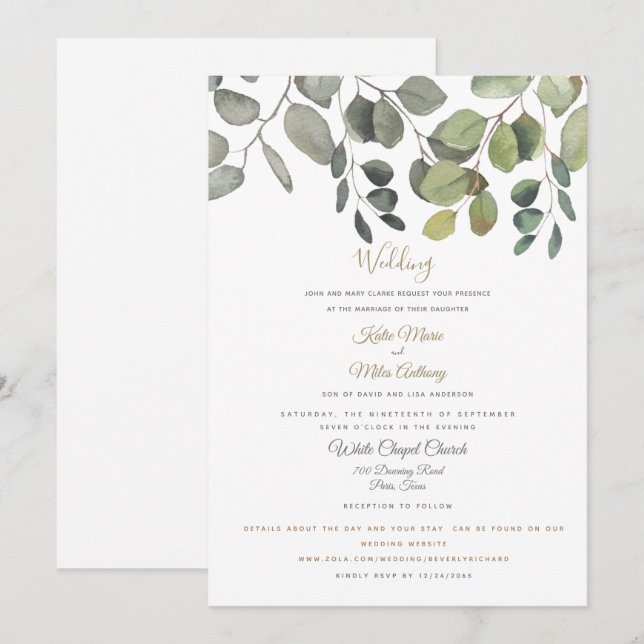 Invitación Boda blanco del sitio web de Eucalyptus Foliage mo (Anverso / Reverso)