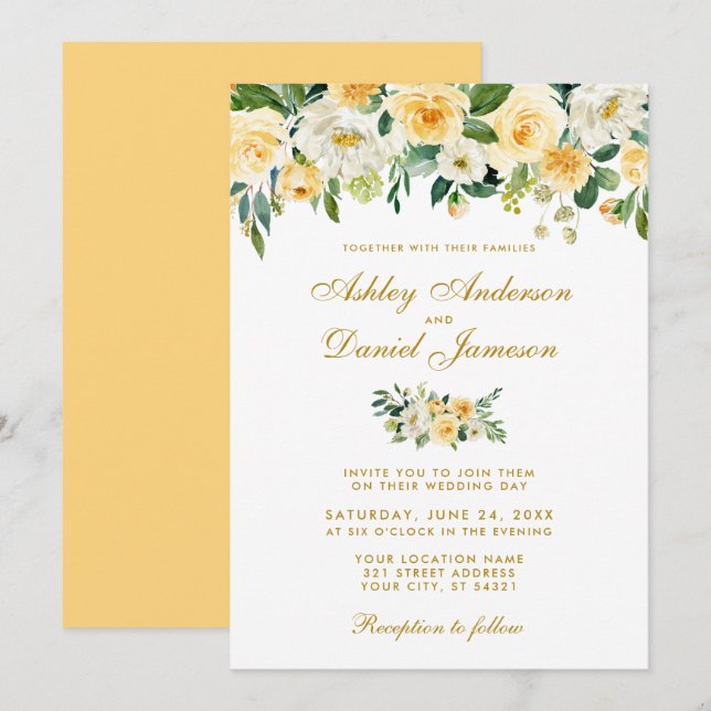 Invitación Boda blanco dorado amarillo acuarela (Anverso / Reverso)