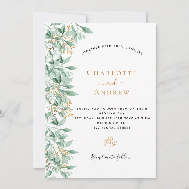 Invitación Boda blanco dorado floral botánico de verdor (Anverso)
