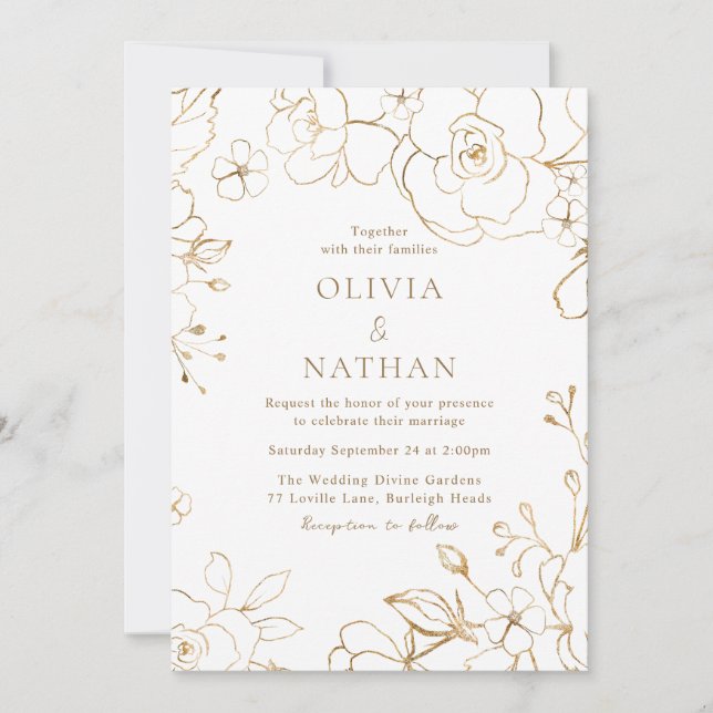 Invitación Boda blanco elegante con flores doradas (Anverso)