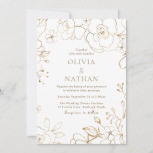 Invitación Boda blanco elegante con flores doradas