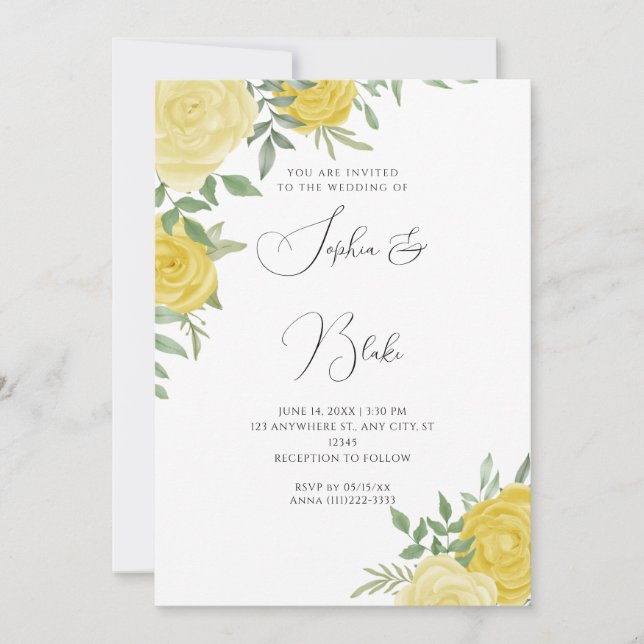 Invitación Boda blanco elegante de rosas amarillas modernas (Anverso)