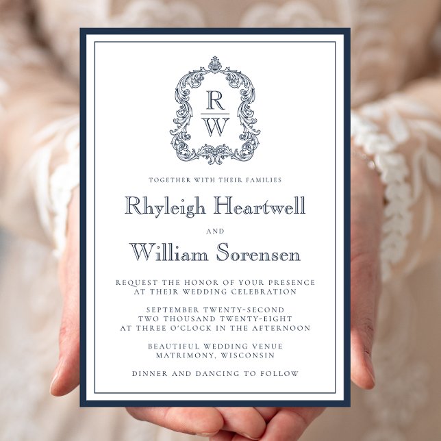 Invitación Boda blanco Escudo Monograma azul de la Marina clá (Subido por el creador)