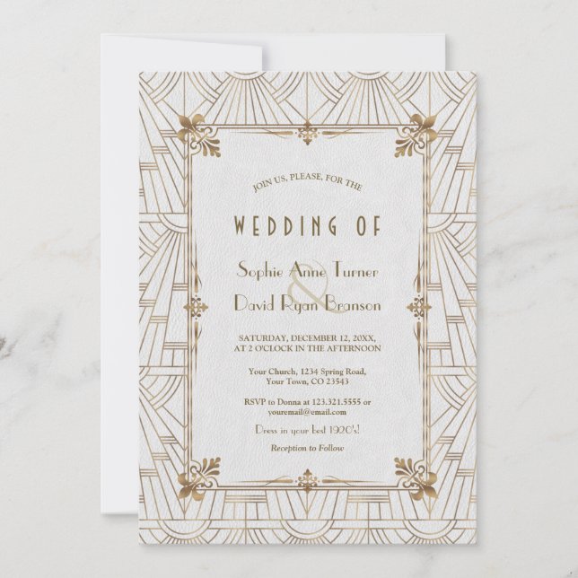 Invitación boda blanco Fleur de Lis Art Deco de los años 20 (Anverso)