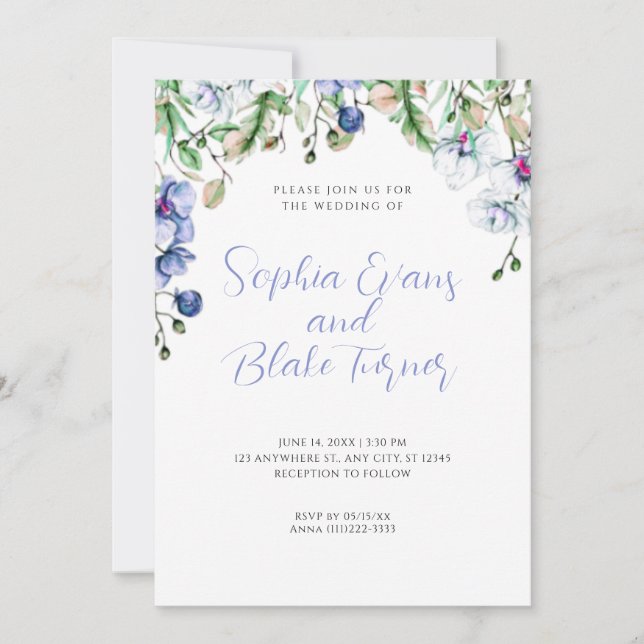 Invitación Boda blanco floral azul, blanco y verde moderno (Anverso)