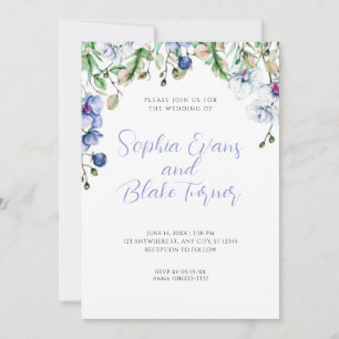 Invitación Boda blanco floral azul, blanco y verde moderno