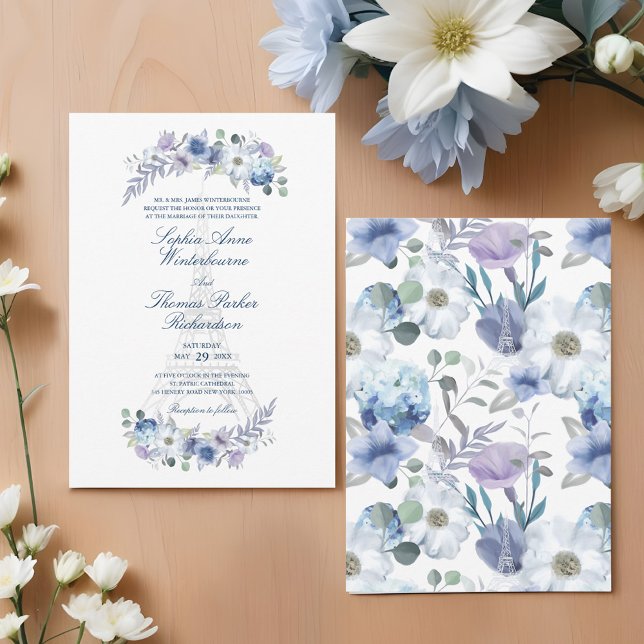 Invitación Boda blanco floral de la Torre Eiffel de París (Paris Eiffel Tower Watercolor Floral White Wedding Invitation)