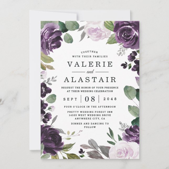 Invitación Boda blanco floral morado y plateado elegante (Anverso)