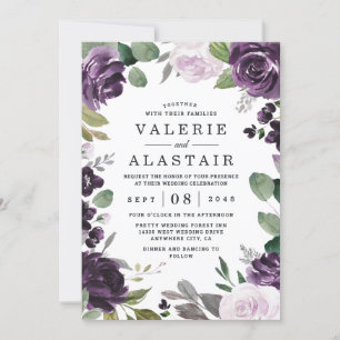 Invitación Boda blanco floral morado y plateado elegante