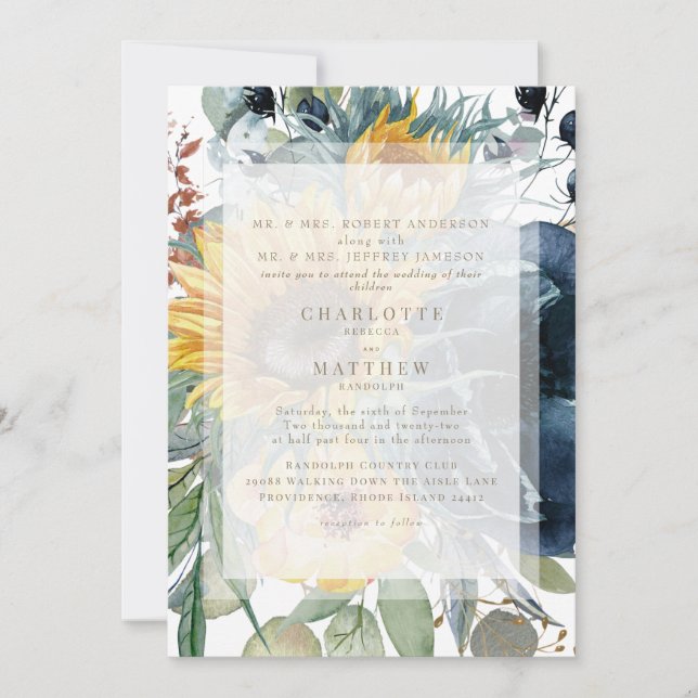 Invitación Boda blanco florido de girasol de la marina (Anverso)