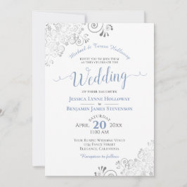 Invitación Boda blanco formal plateado y azul turbio