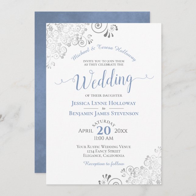 Invitación Boda blanco formal plateado y azul turbio (Anverso / Reverso)