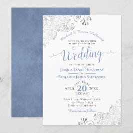 Invitación Boda blanco formal plateado y azul turbio