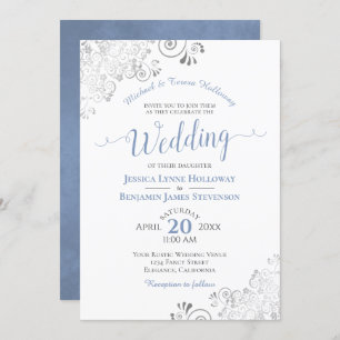 Invitación Boda blanco formal plateado y azul turbio