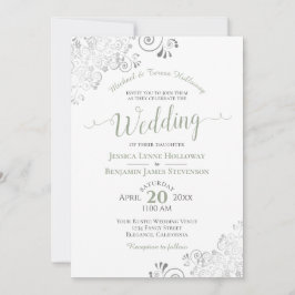 Invitación Boda blanco formal plateado y verde sabio
