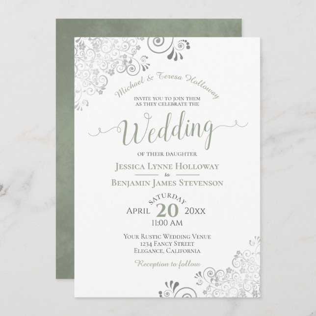 Invitación Boda blanco formal plateado y verde sabio (Anverso / Reverso)