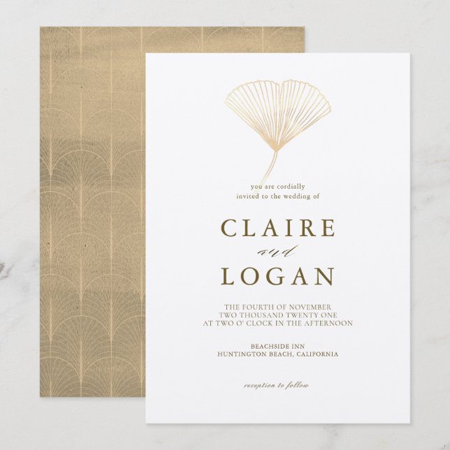 Invitación Boda blanco Gold Ginkgo Leaf (Anverso / Reverso)