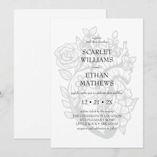 Invitación Boda Blanco Gótico Moderno Elegante Corazón Floral (Anverso / Reverso)