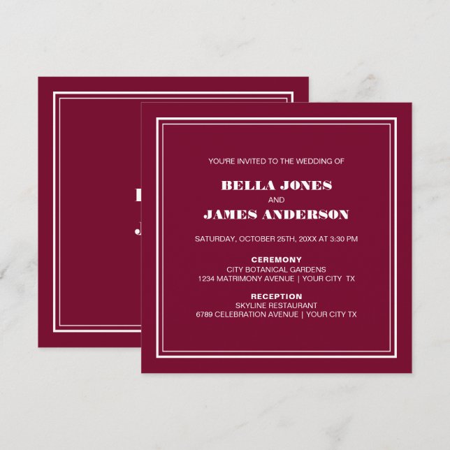 Invitación Boda blanco magenta moderno y simple (Anverso / Reverso)