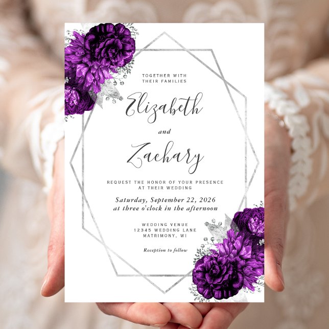 Invitación Boda blanco morado de ciruela plateada floral (Subido por el creador)