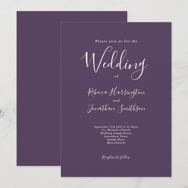Invitación Boda blanco morado minimo moderno (Anverso / Reverso)