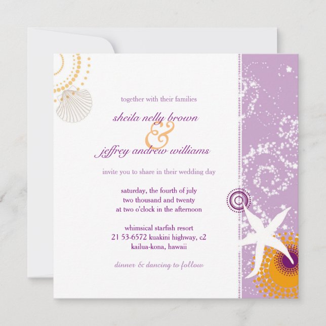 Invitación Boda blanco Naranja Lilac en la playa (Anverso)