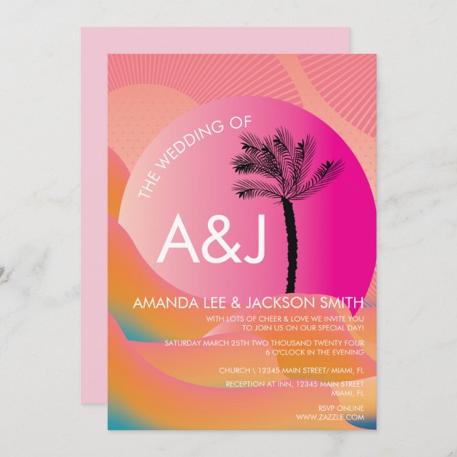 Invitación Boda blanco Naranja rosa trópico audaz audaz (Anverso / Reverso)