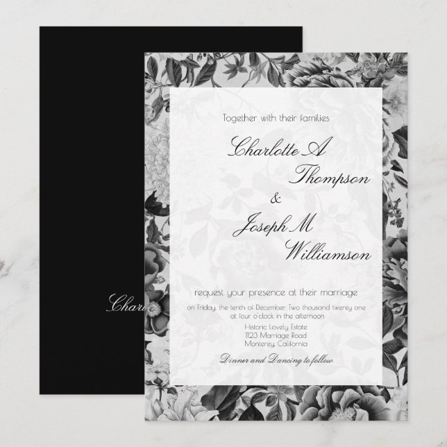 Invitación Boda blanco negro botánico elegante floral (Anverso / Reverso)