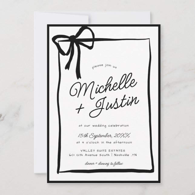 Invitación Boda blanco negro con barra de cinta dibujada a ma (Anverso)