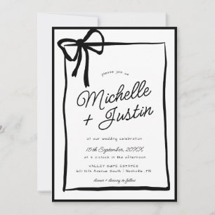 Invitación Boda blanco negro con barra de cinta dibujada a ma