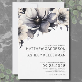 Invitación Boda blanco negro con flores boho moderno simple