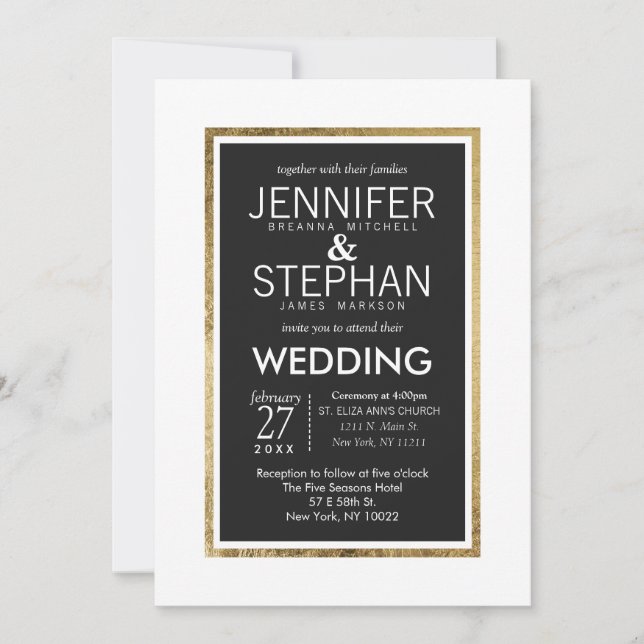 Invitación Boda blanco negro con lino de oro moderno simple (Anverso)
