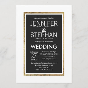 Invitación Boda blanco negro con lino de oro moderno simple