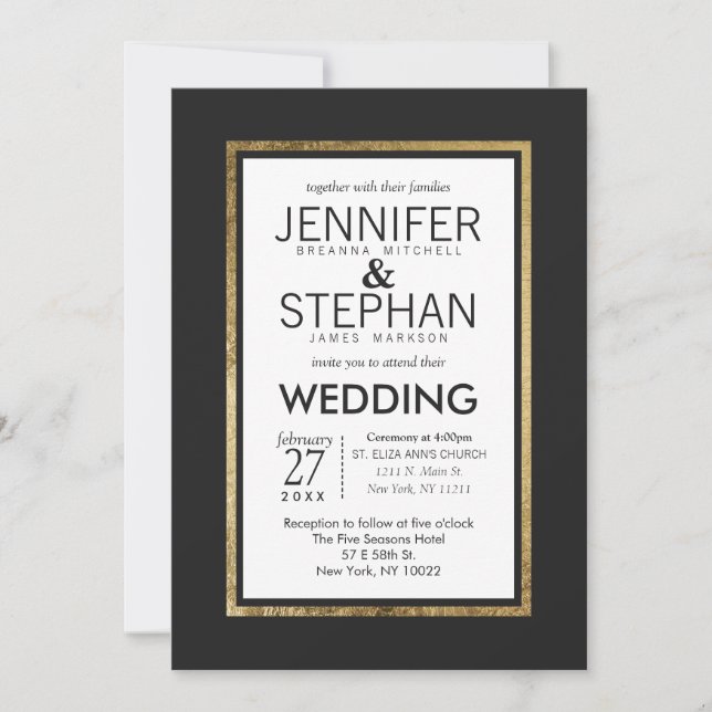 Invitación Boda blanco negro con lino dorado (Anverso)