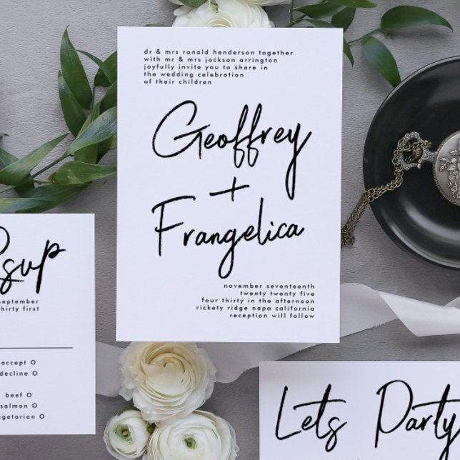 Invitación Boda blanco negro con nombres personalizados de es (Invitation showcasing suite - additional items (bought separately))
