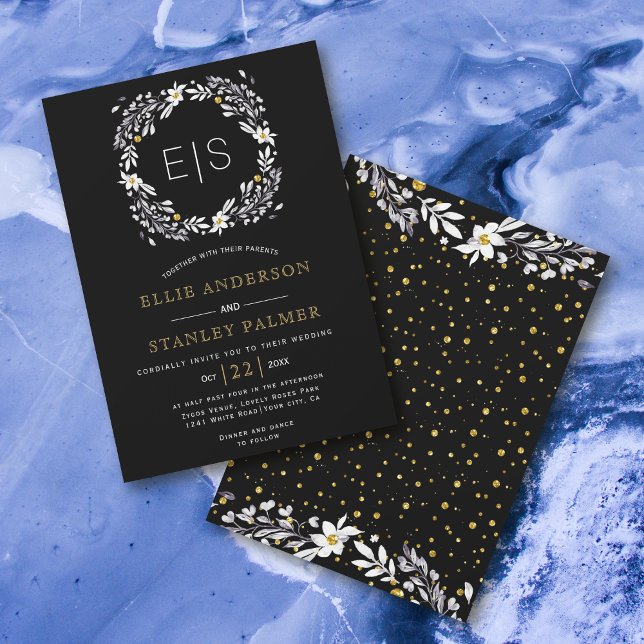 Invitación Boda blanco negro de confeti dorado con marco flor (Subido por el creador)