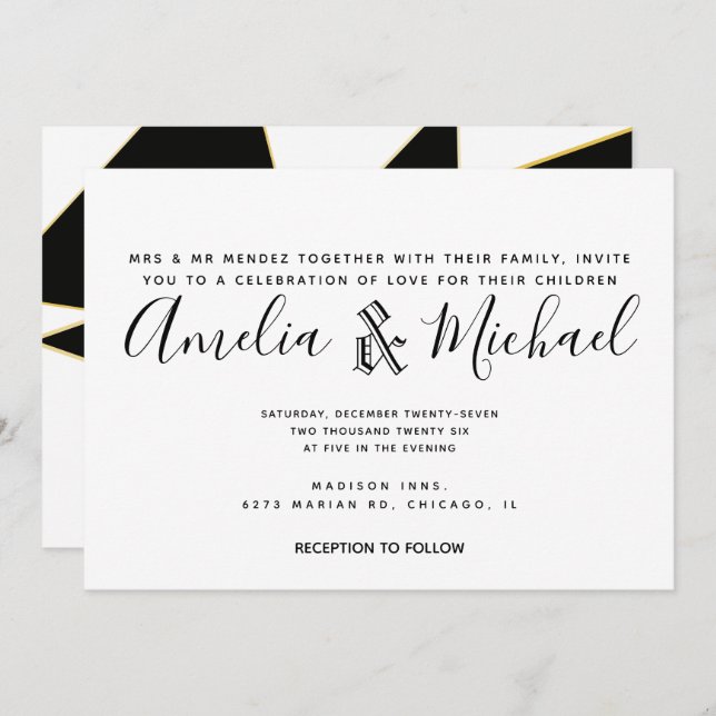 Invitación Boda blanco negro de oro geométrico moderno (Anverso / Reverso)