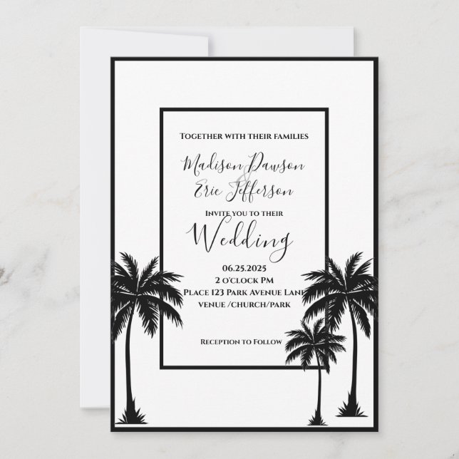 Invitación Boda blanco negro elegante de árbol de palmas (Anverso)