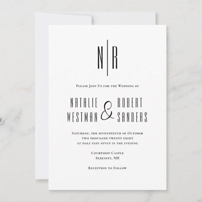 Invitación Boda blanco negro elegante monograma clásico (Anverso)