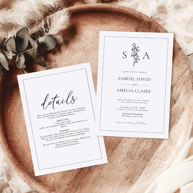Invitación Boda blanco negro floral clásico todo en uno (Subido por el creador)