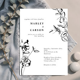 Invitación Boda blanco negro floral de mano dibujada con esbo