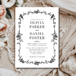 Invitación Boda blanco negro floral francés victoriano